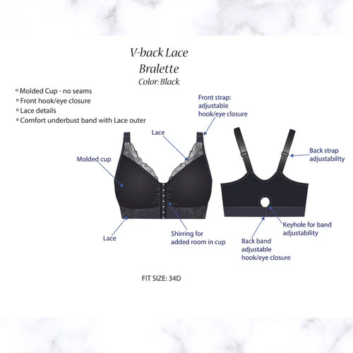 Black lace bralette with feature labels on a white background
