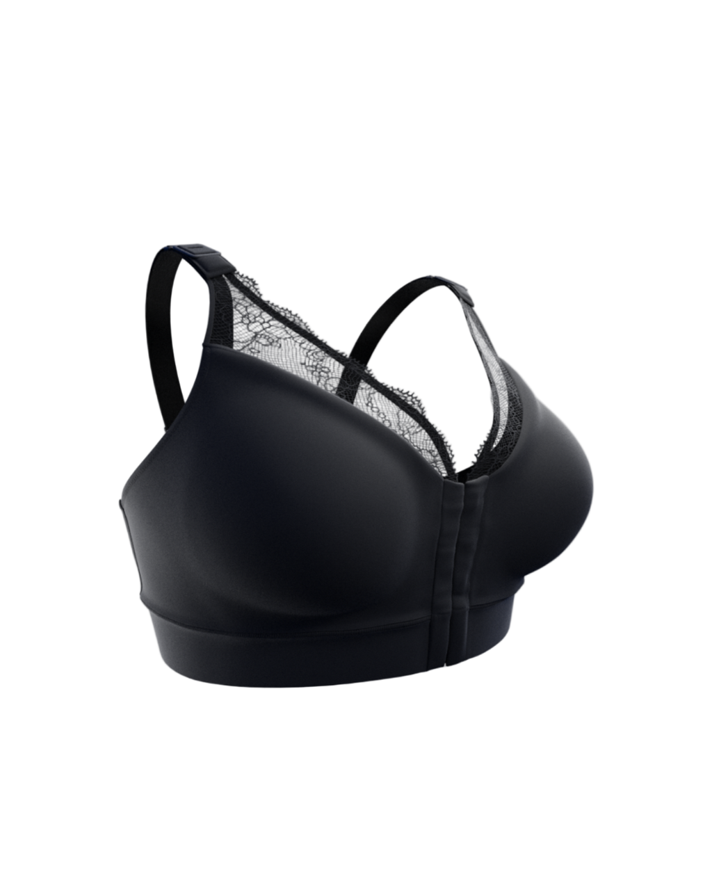 Black bra with lace detailing on a white background