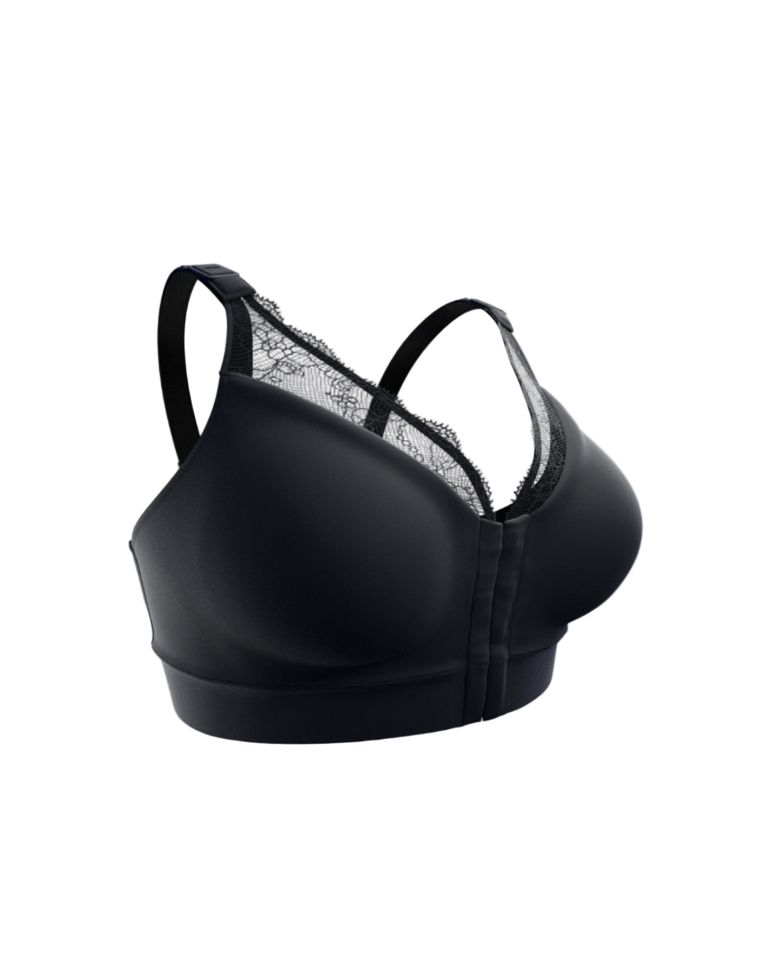 Black bra with lace detailing on a white background