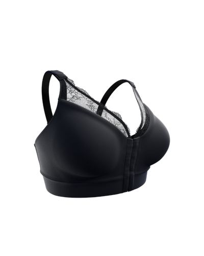 Black bra with lace detailing on a white background