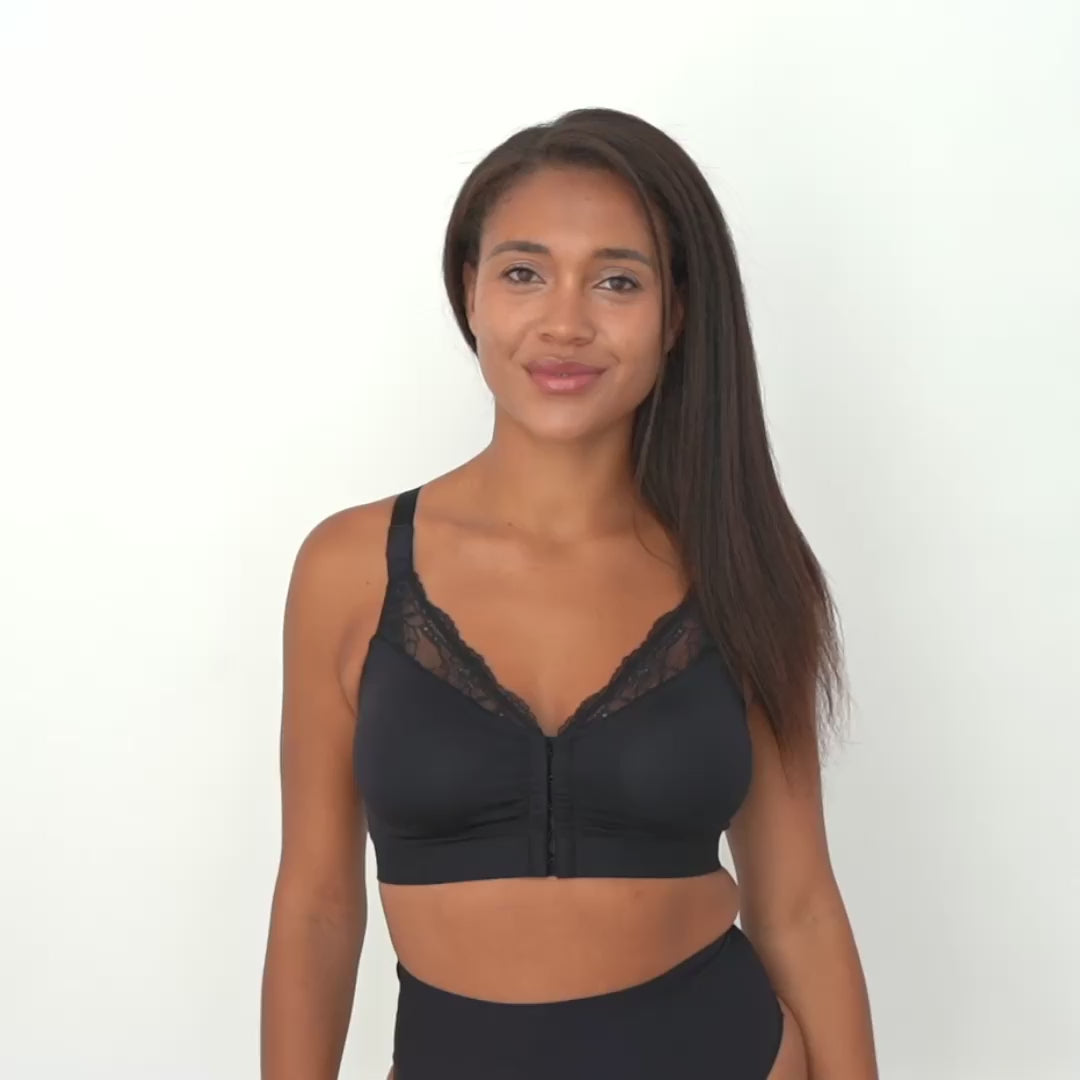 labratory black lace post surgical bra video 360 view